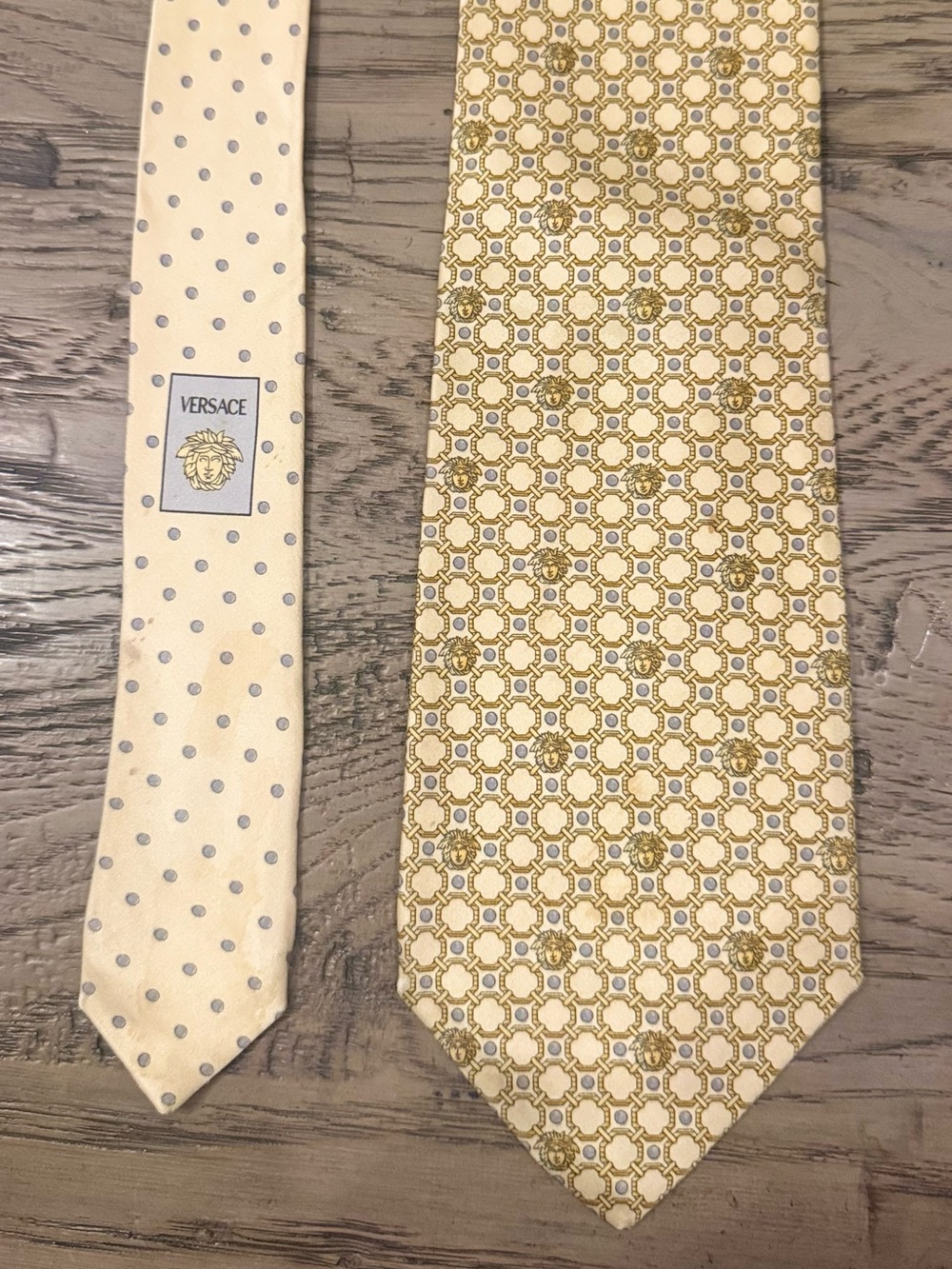 Versace Pale Yellow Geometric Silk Tie with Polka Dot Back